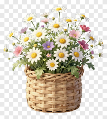 Flower Bouquet In A Woven Basket PNG