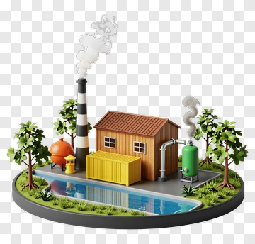 Industrial Factory With Smoke And Water Reflection PNG