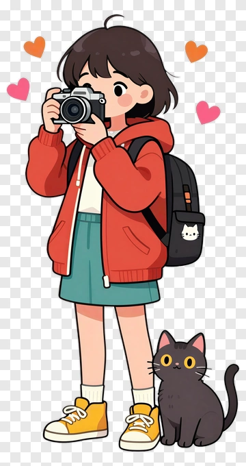 Cartoon Girl Taking A Photo With A Black Cat PNG