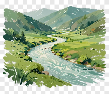 Scenic River Flowing Through A Mountain Landscape PNG