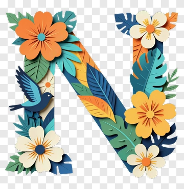 Colorful Letter N Surrounded By Flowers And Leaves PNG