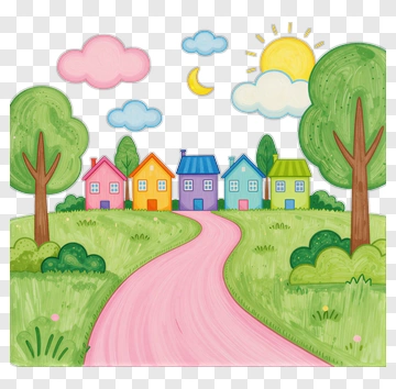 Colorful Houses In A Cartoon Landscape PNG