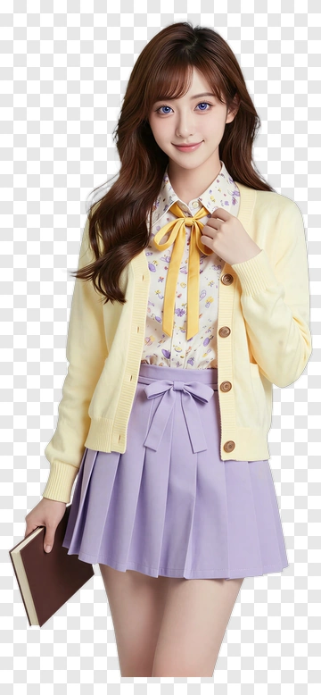 Young Woman In A Yellow Cardigan And Purple Skirt PNG
