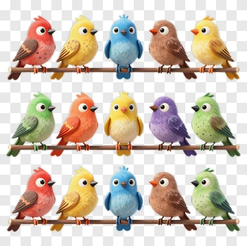 Colorful Cartoon Birds On A Branch PNG