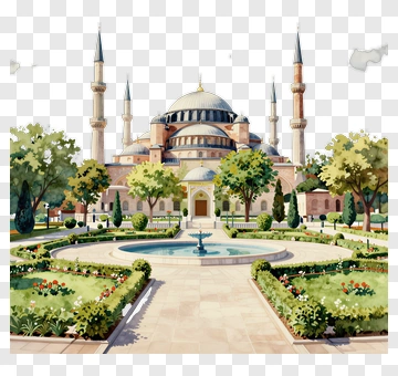 Beautiful Mosque Surrounded By Lush Gardens PNG