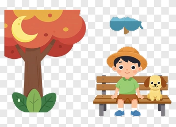 Cartoon Boy Sitting On A Bench With A Dog PNG