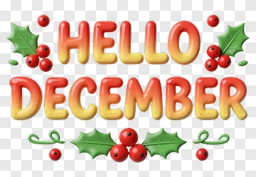 Hello December Greeting With Holly And Berries PNG
