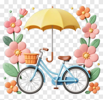 Bicycle With Yellow Umbrella Surrounded By Flowers PNG