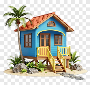 Colorful Beach House With Palm Trees PNG