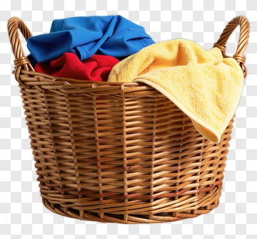 Woven Laundry Basket Filled With Colorful Towels PNG