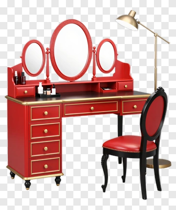 Red Vanity Desk With Mirrors And Chair PNG