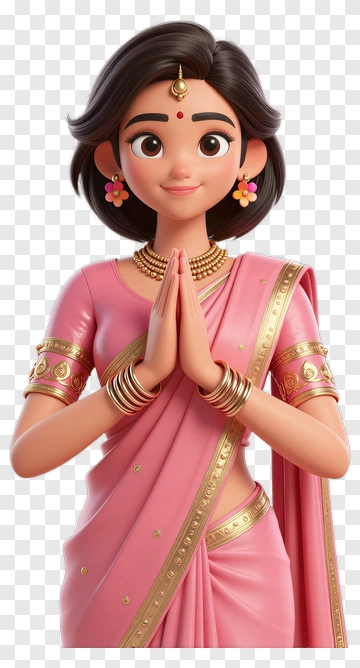 Cartoon Woman In Pink Saree With Hands Together PNG
