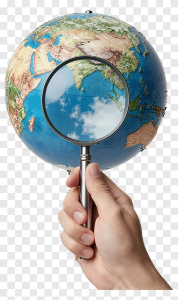 Hand Holding A Magnifying Glass Over A Globe PNG