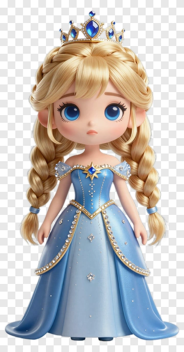 Cartoon Princess With Blue Dress And Crown PNG