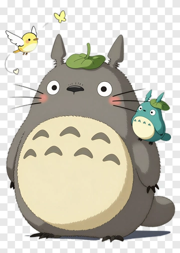 Cartoon Totoro With A Small Totoro And Bird PNG