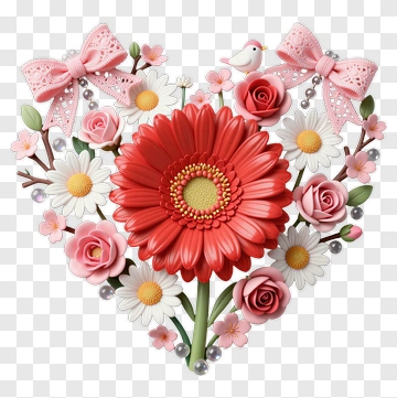 Heart-Shaped Floral Arrangement With Bow PNG