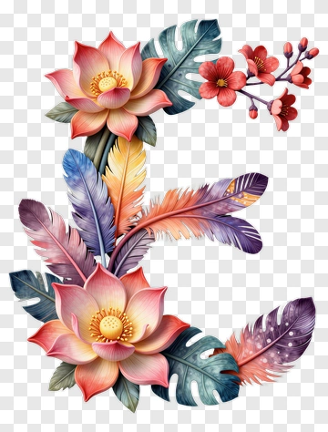 Floral Letter E With Colorful Leaves And Flowers PNG