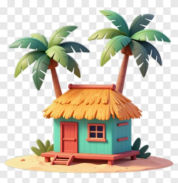 Cartoon Beach Hut Surrounded By Palm Trees PNG