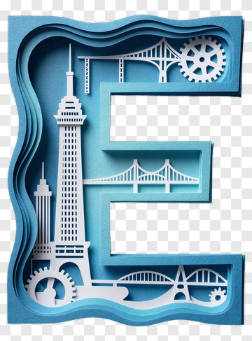 Layered Paper Art Letter E With Cityscape Design PNG