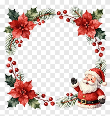 Christmas Santa Claus Surrounded By Poinsettias And Holly PNG