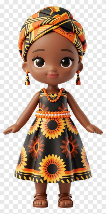 Doll Wearing African Print Dress PNG