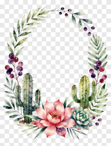 Floral Wreath With Cacti And Succulents PNG