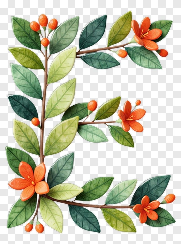Floral Letter E With Green Leaves And Orange Flowers PNG