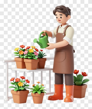 Gardener Watering Flower Pots PNG