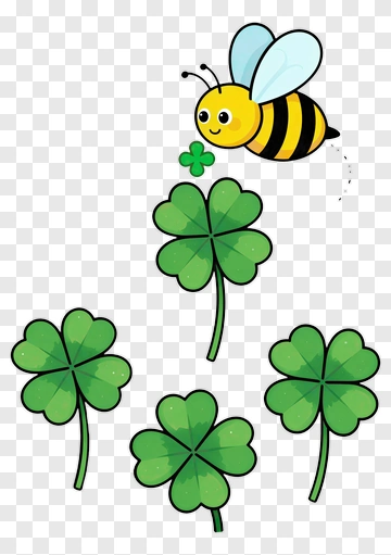 Cartoon Bee Flying Above Four Clover Leaves PNG