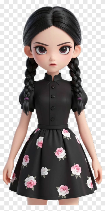 3D Girl In Floral Black Dress PNG