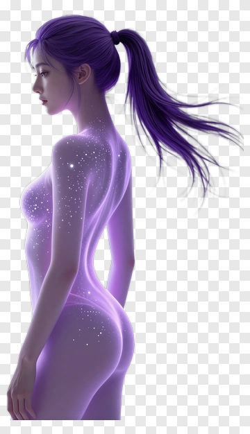 Stylized Woman With Purple Hair And Cosmic Glow PNG