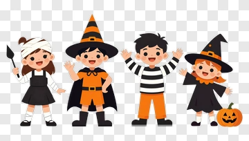 Halloween Kids In Costumes With Pumpkin PNG