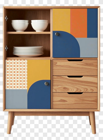 Modern Wooden Cabinet With Colorful Design PNG