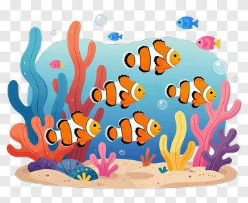 Colorful Cartoon Clownfish Swimming Among Coral PNG