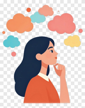 Woman Thinking With Colorful Thought Bubbles PNG