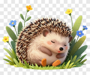 Cartoon Hedgehog Sleeping In A Flower Garden PNG
