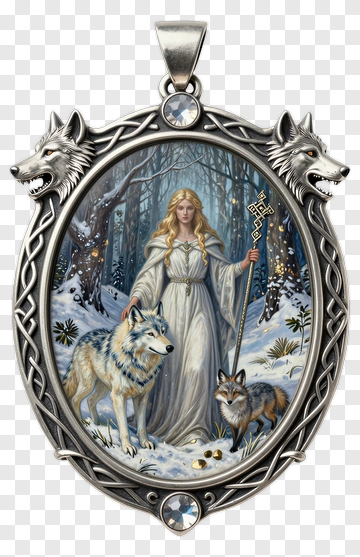 Woman With Wolves In A Winter Forest PNG
