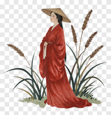 Woman In Red Kimono Standing Among Tall Grass PNG