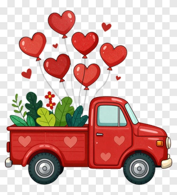Cartoon Red Pickup Truck Carrying Heart Balloons PNG