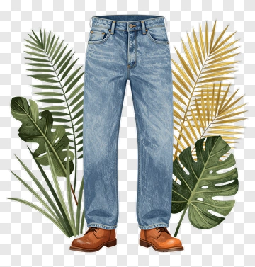 Jeans With Brown Shoes Surrounded By Tropical Leaves PNG