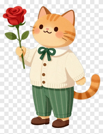 Cute Cat Holding A Rose PNG