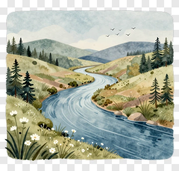 Scenic River Flowing Through A Green Valley PNG