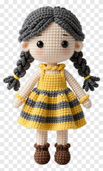 Crochet Doll In Yellow And Gray Dress PNG