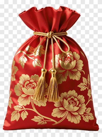 Red Silk Drawstring Bag With Floral Design PNG