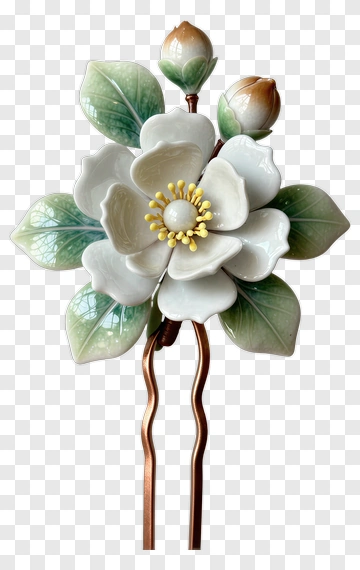 Floral Hairpin With White Flower And Green Leaves PNG