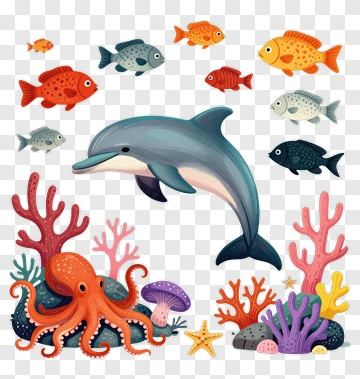 Dolphin Swimming Among Colorful Fish And Coral PNG