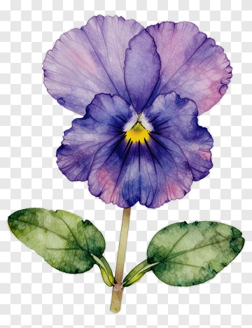 Watercolor Pansy Flower With Green Leaves PNG
