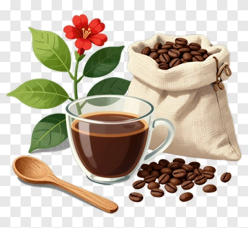 Coffee Cup With Coffee Beans And Plant PNG