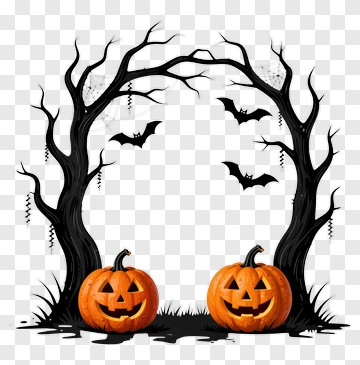 Halloween Pumpkin Scene With Bats And Trees PNG