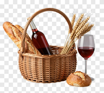 Wicker Basket With Bread, Wine, And Wheat PNG